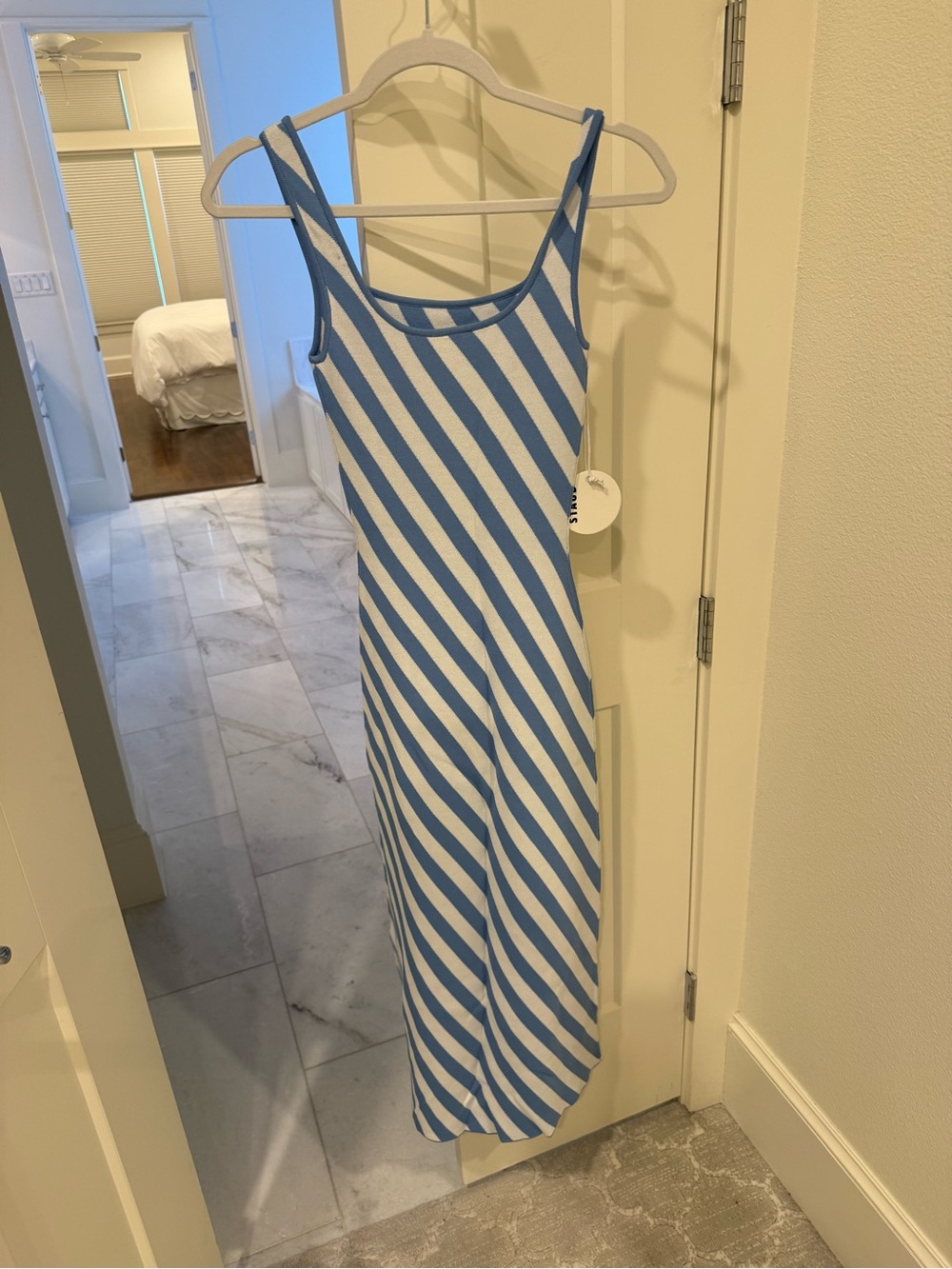 STAUD Blue and White Diagonal Stripe Maxi Dress